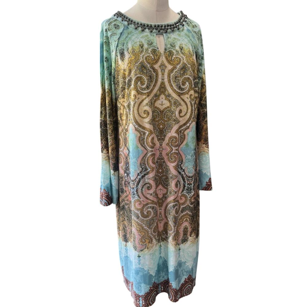 Chico's Paisley Cold Shoulder Shift Dress Women's 1 M 8-10 Studded Embellished